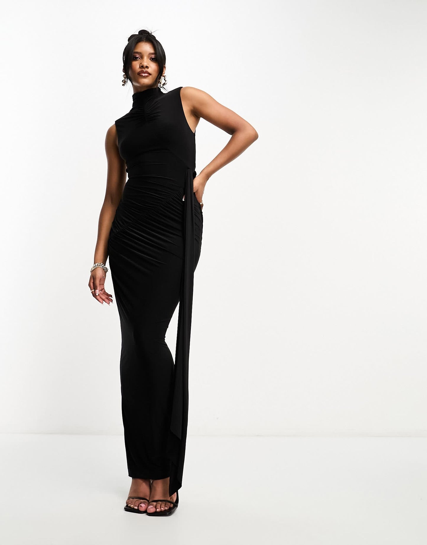 Naked Wardrobe ruched shoulder detail draped maxi dress in black