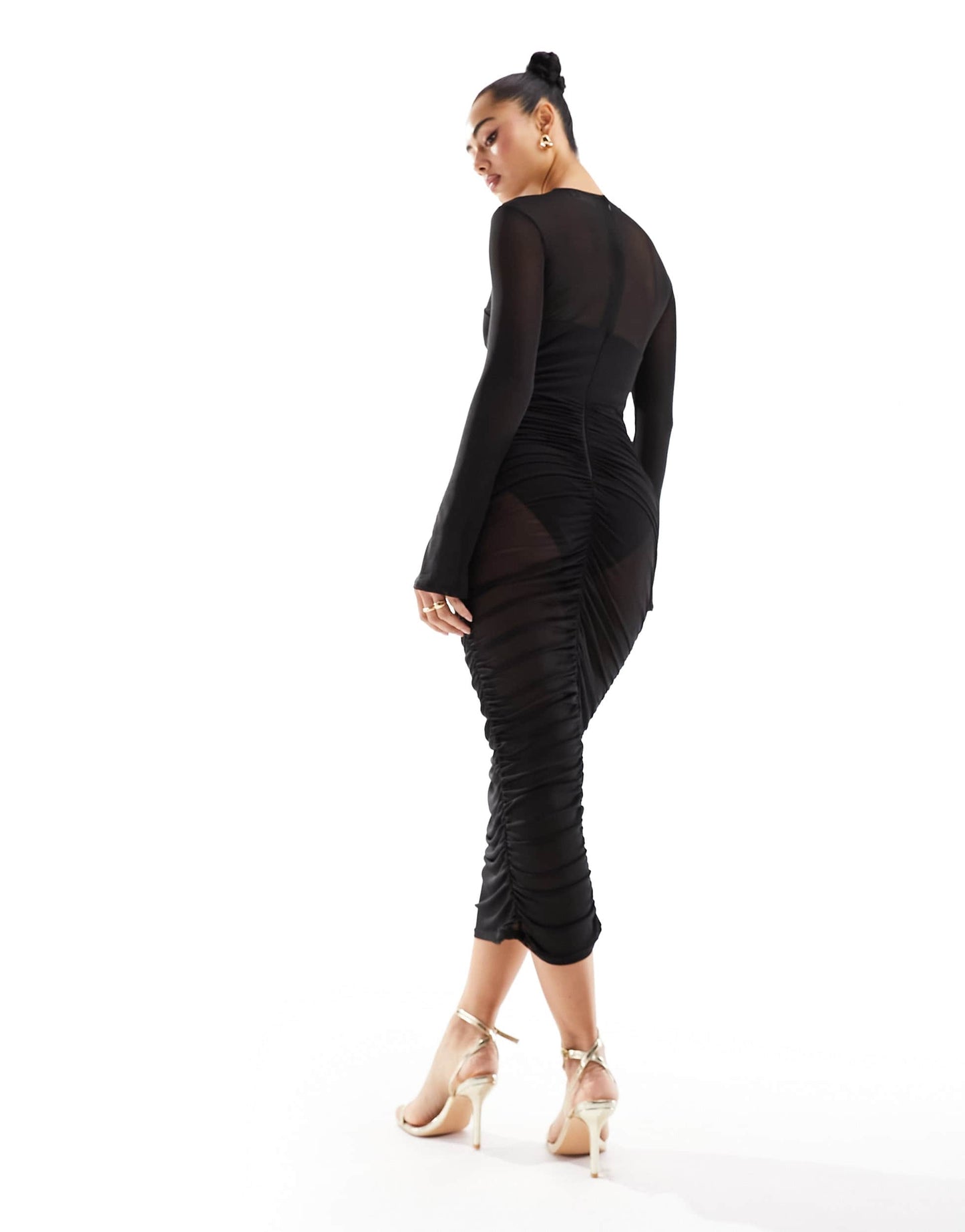 ASOS DESIGN ruched mesh midi dress with curved bodice bodysuit in black