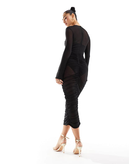 ASOS DESIGN ruched mesh midi dress with curved bodice bodysuit in black