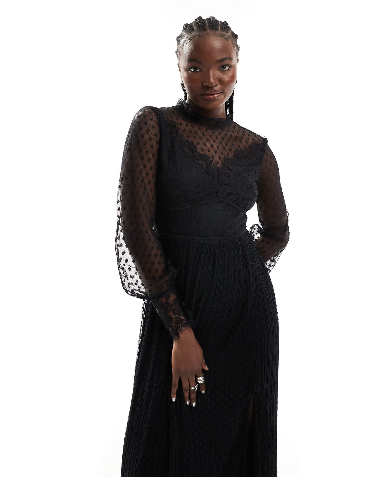 TFNC high neck maxi dress with lace detail in black