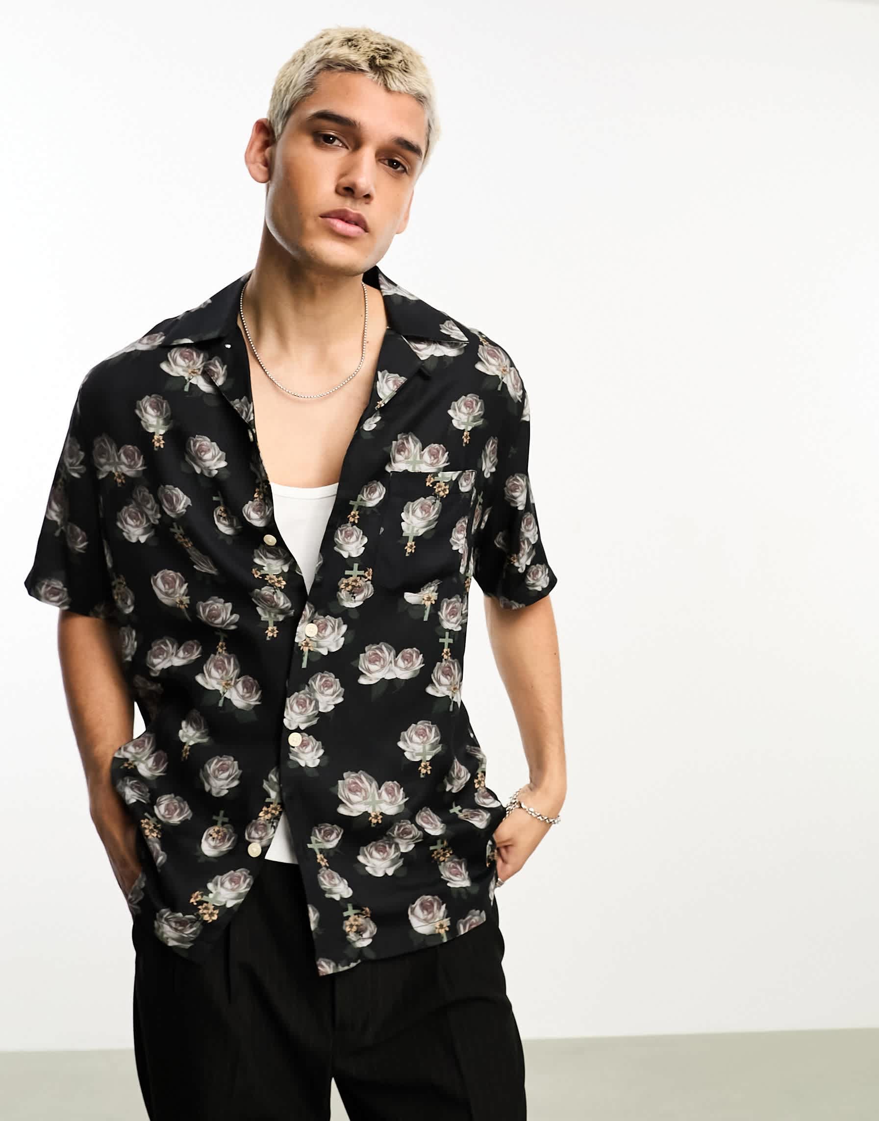 AllSaints x ASOS exclusive Hal short sleeve tonal rose printed shirt in black
