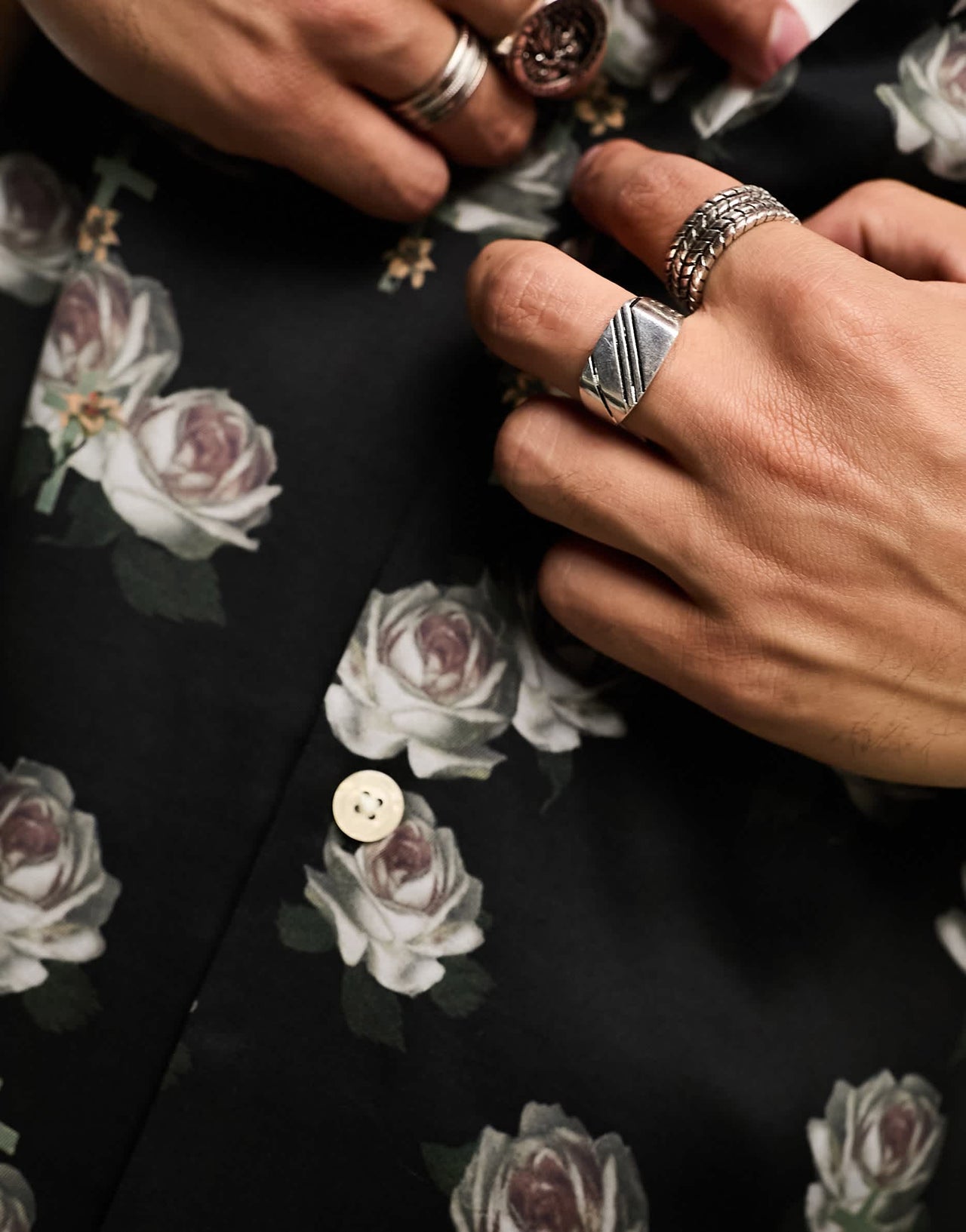 AllSaints x ASOS exclusive Hal short sleeve tonal rose printed shirt in black