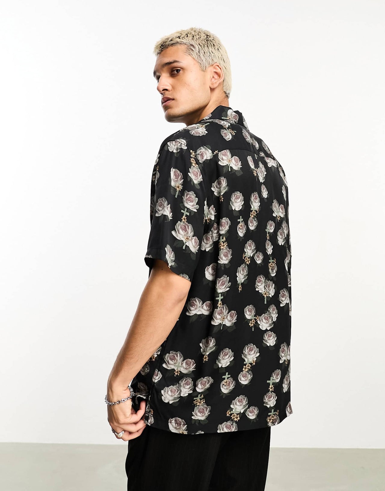 AllSaints x ASOS exclusive Hal short sleeve tonal rose printed shirt in black