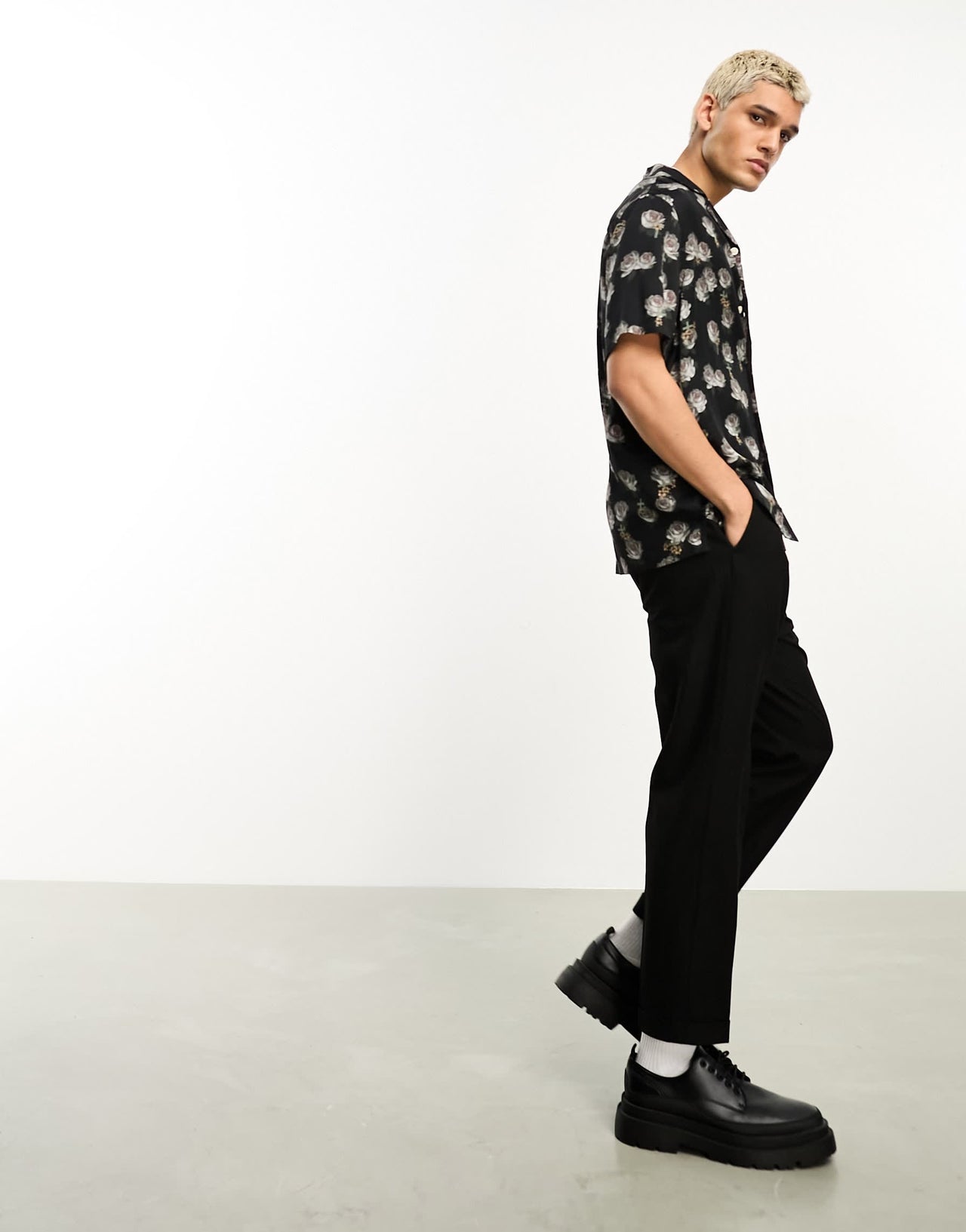 AllSaints x ASOS exclusive Hal short sleeve tonal rose printed shirt in black