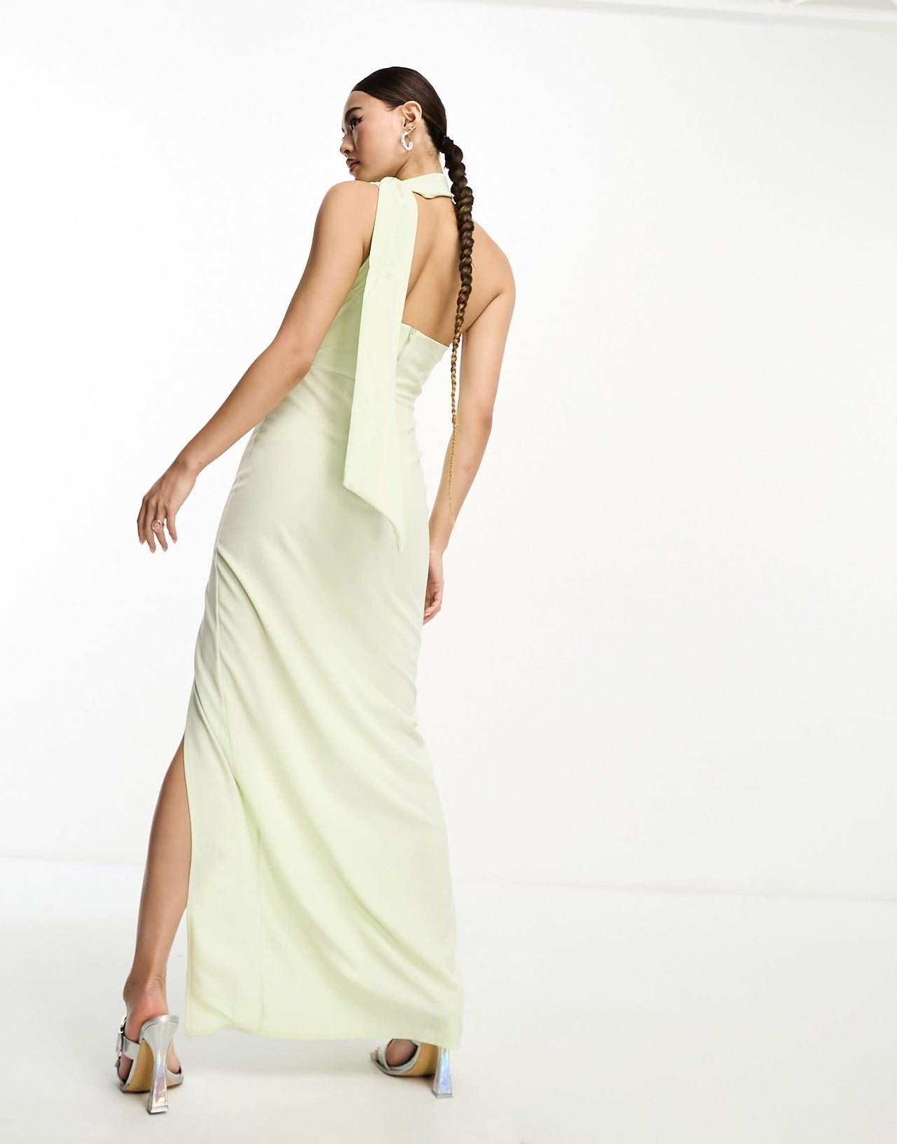 Vesper bengaline scarf detail thigh split maxi dress in sage green