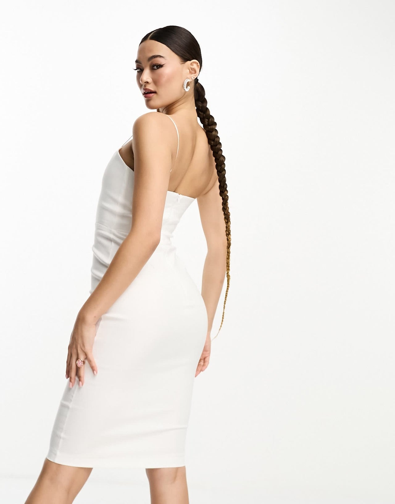Vesper bengaline spaghetti strap tie front midi dress in white