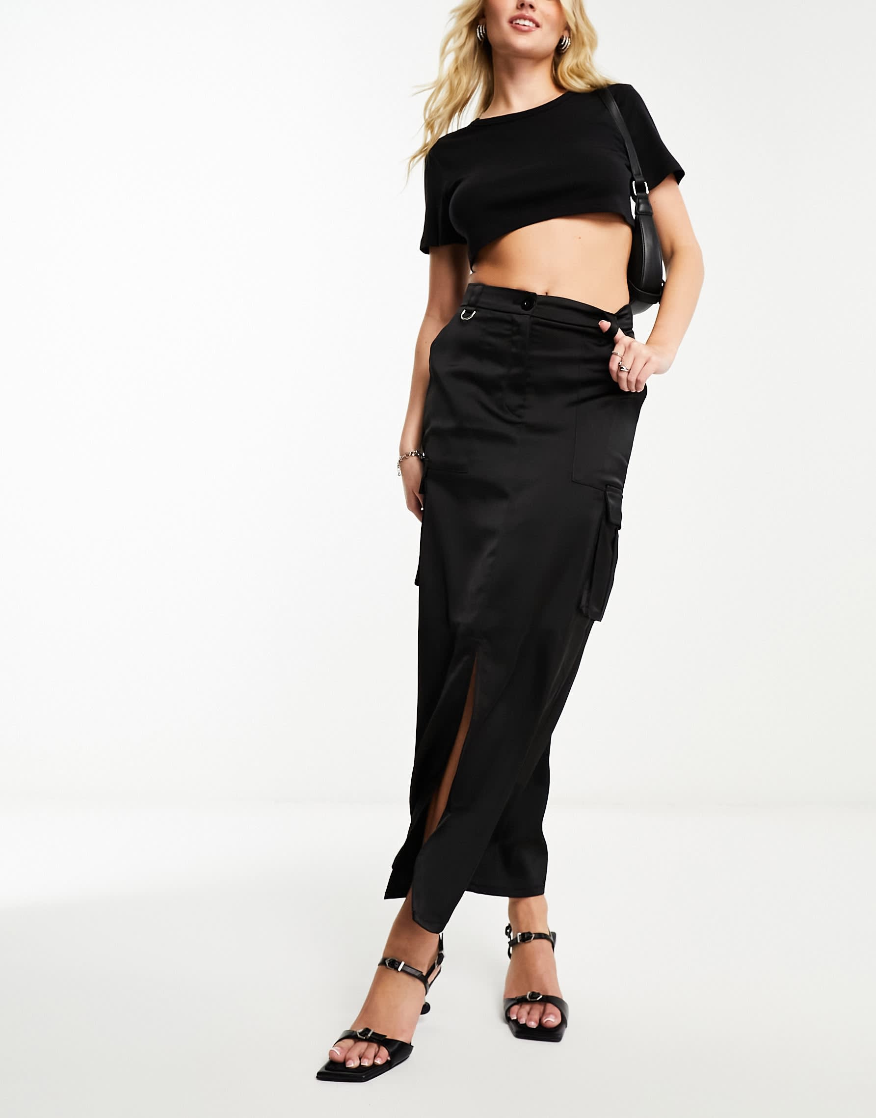 NaaNaa satin midi skirt with cargo pockets in black
