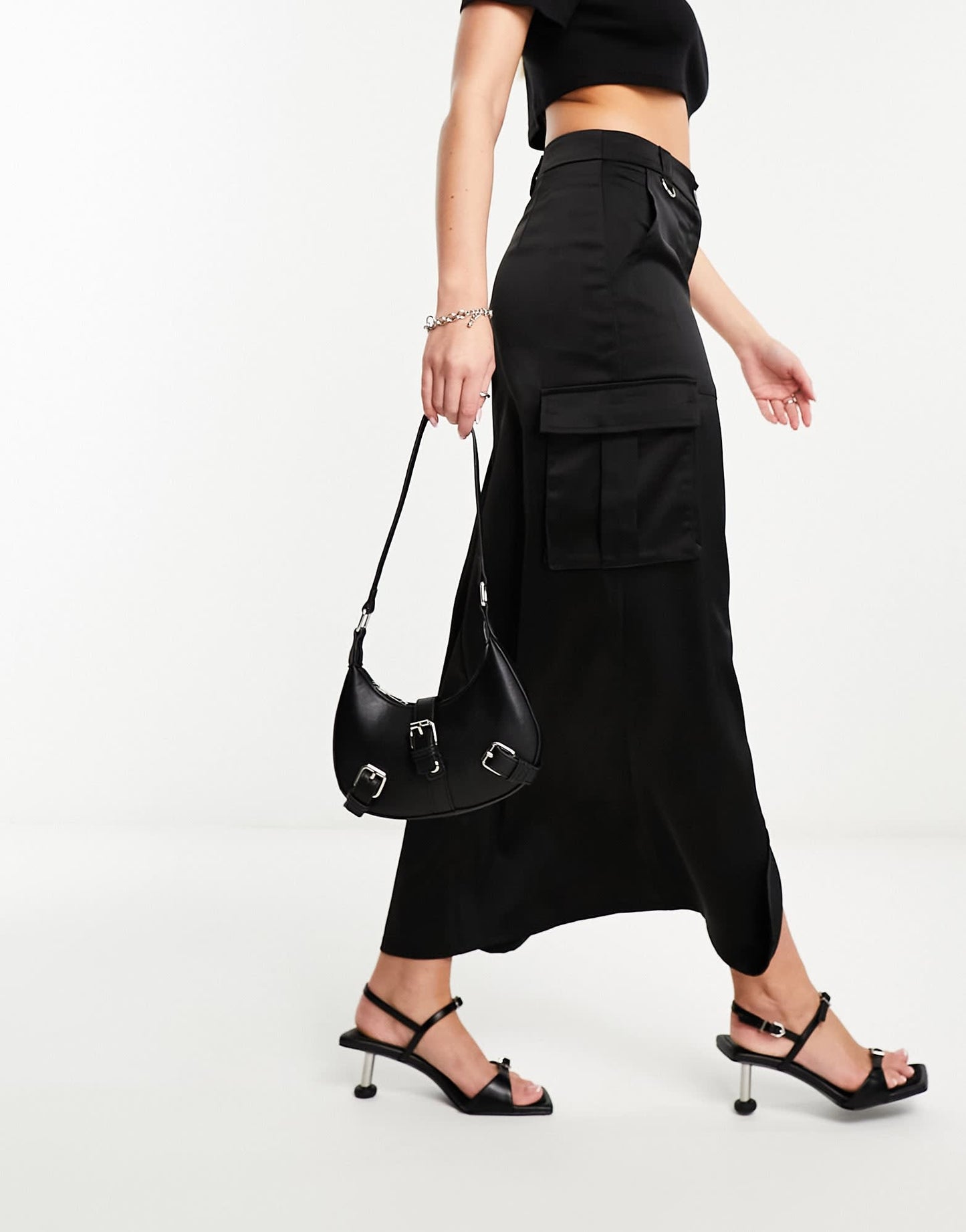NaaNaa satin midi skirt with cargo pockets in black