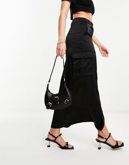 NaaNaa satin midi skirt with cargo pockets in black