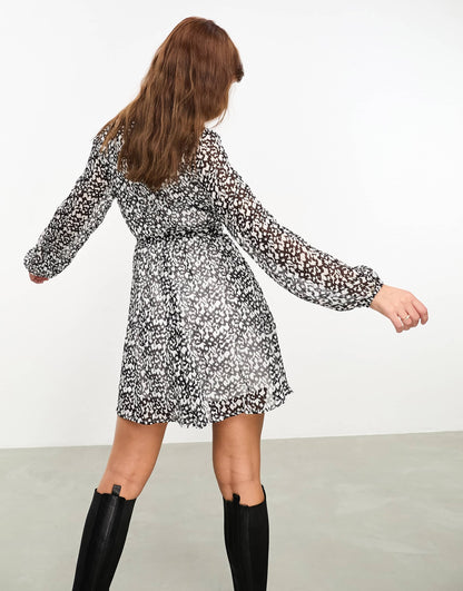 Vila wrap sheer mini dress in mono floral print