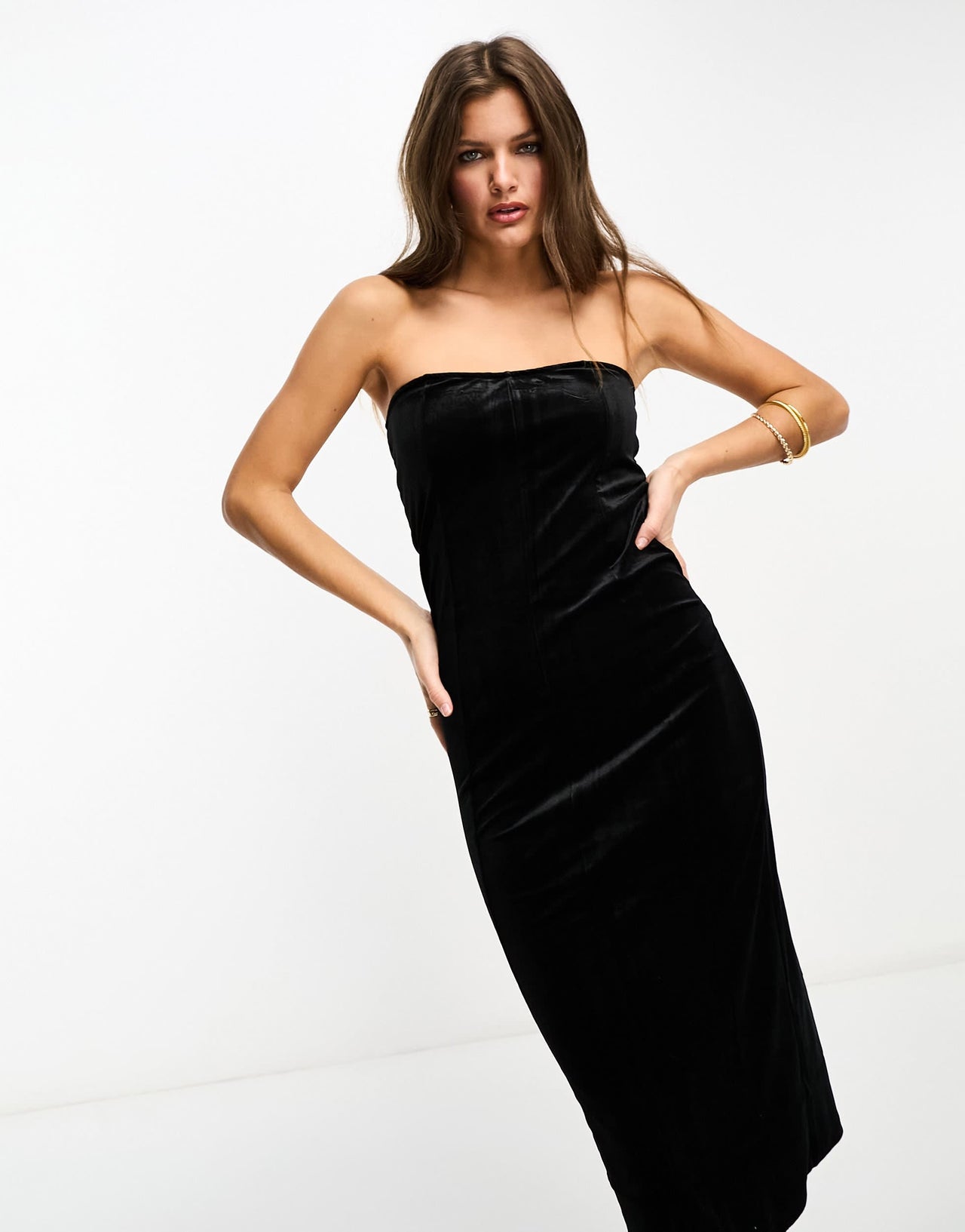 Pieces Petite velour bandeau midi dress in black