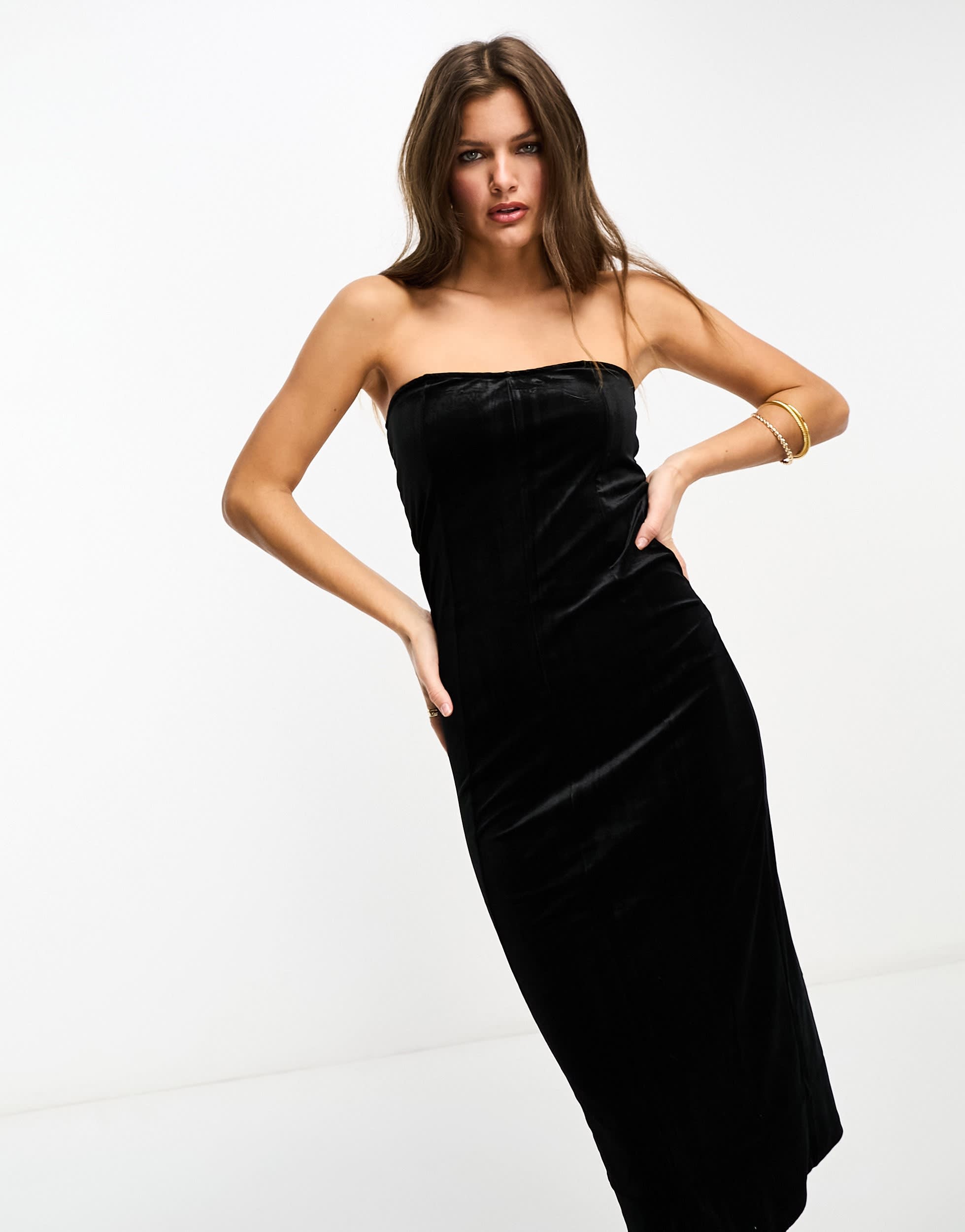 Pieces Petite velour bandeau midi dress in black