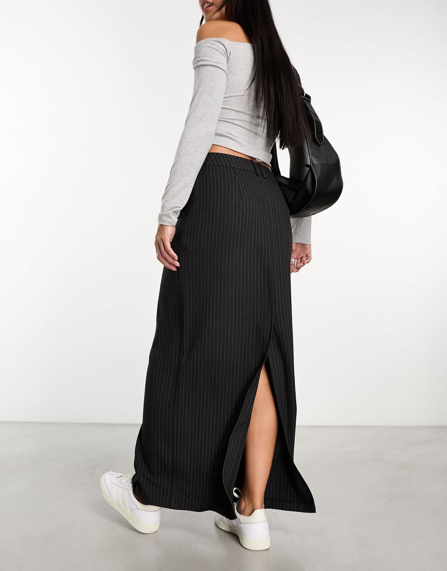 ASOS DESIGN column maxi skirt with split in charcoal stripe