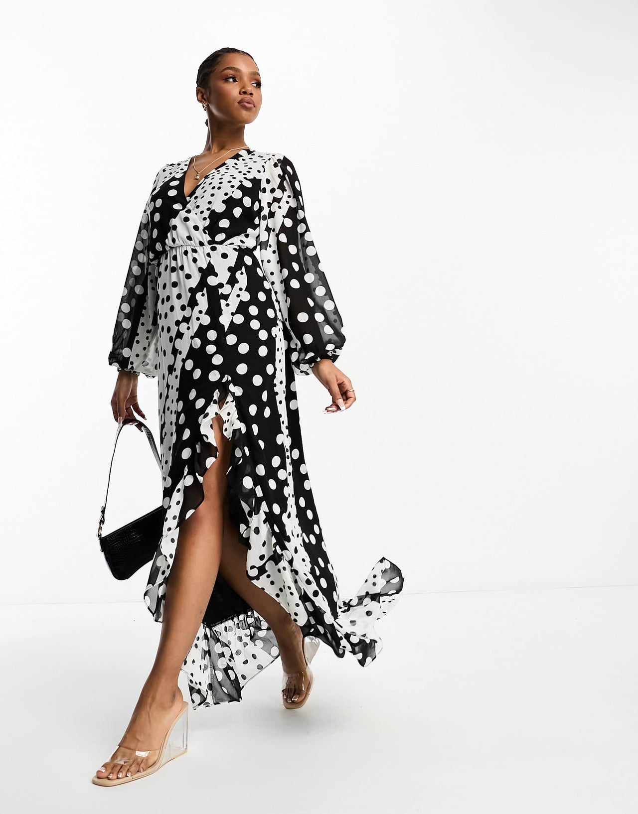 In The Style exclusive volume sleeve wrap maxi dress in mixed spot print