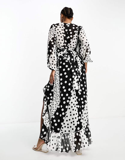 In The Style exclusive volume sleeve wrap maxi dress in mixed spot print