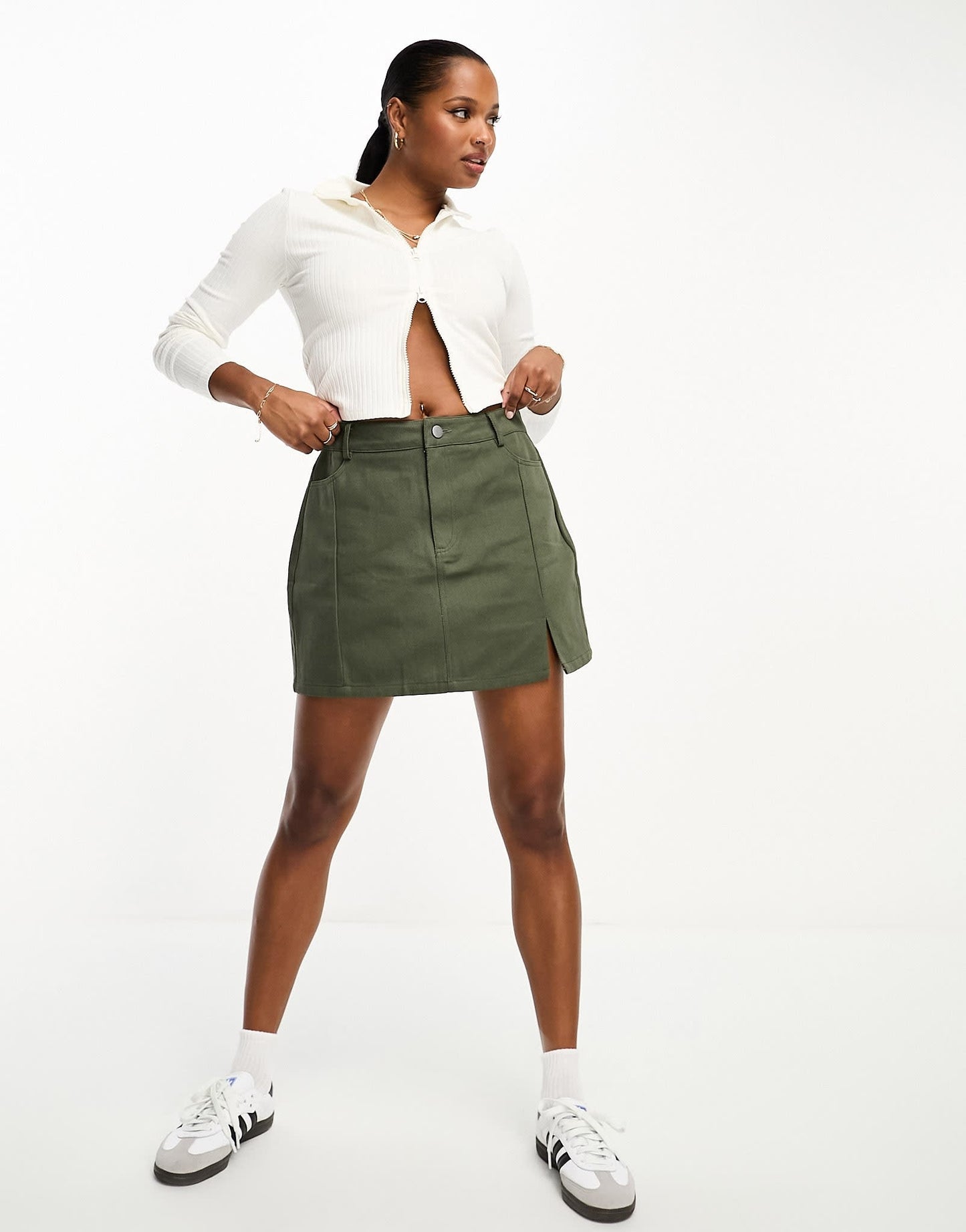 In The Style Petite exclusive split hem denim mini skirt in khaki