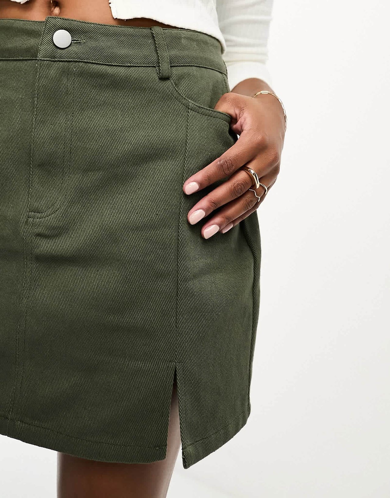 In The Style Petite exclusive split hem denim mini skirt in khaki