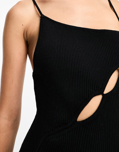 SNDYS fine ribbed cut out detail front spilt maxi dress in black