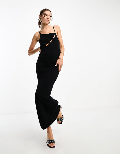 SNDYS fine ribbed cut out detail front spilt maxi dress in black