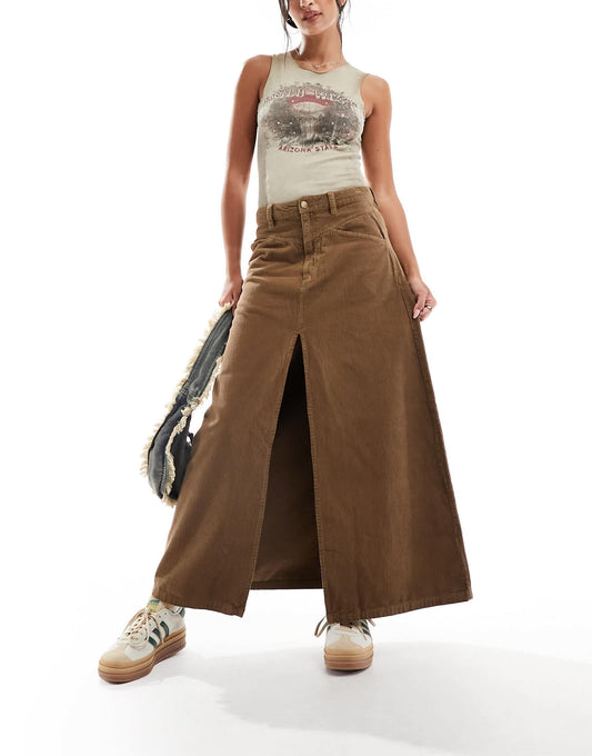 Free People a-line cord midaxi skirt in chocolate