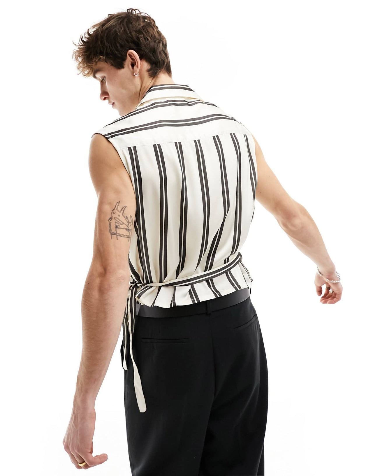 ASOS DESIGN boxy deep revere wrap tie shirt in satin stripe