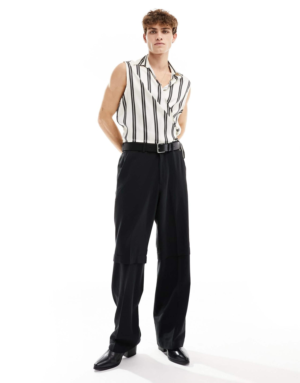 ASOS DESIGN boxy deep revere wrap tie shirt in satin stripe