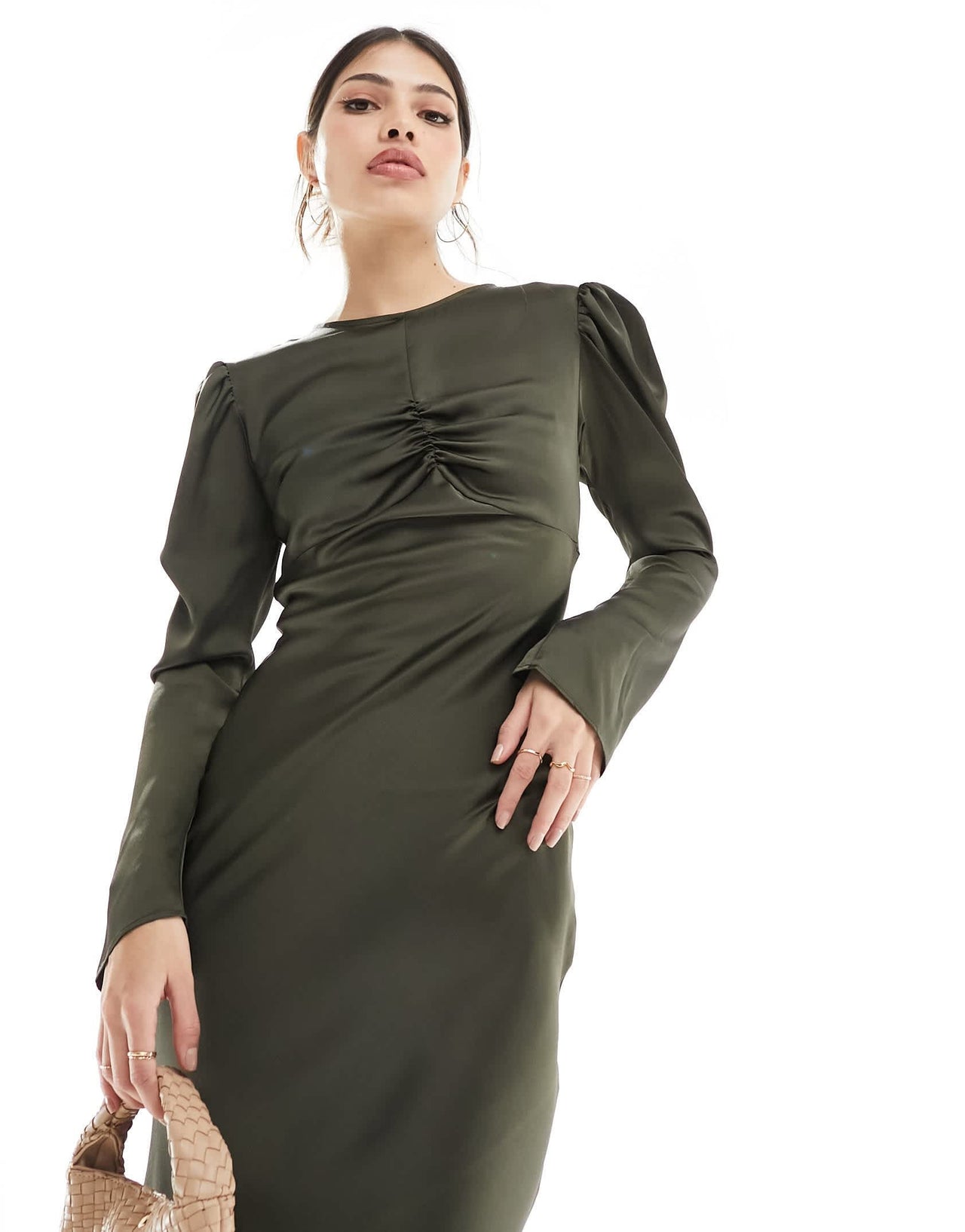 ASOS DESIGN ruched bust detail satin maxi dress in green