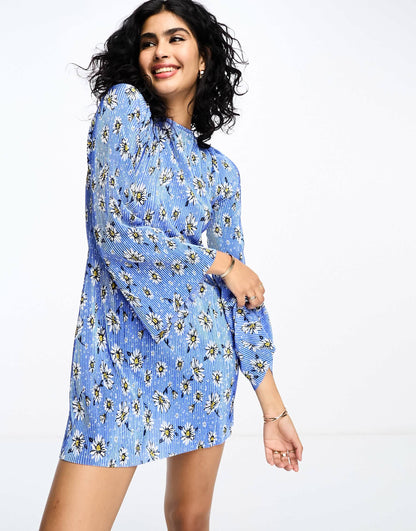 ASOS DESIGN mini plisse dress with flared sleeve in blue ditsy