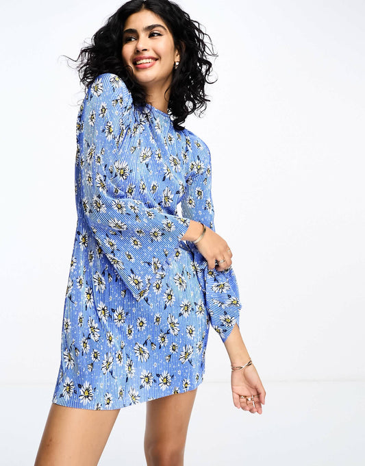 ASOS DESIGN mini plisse dress with flared sleeve in blue ditsy