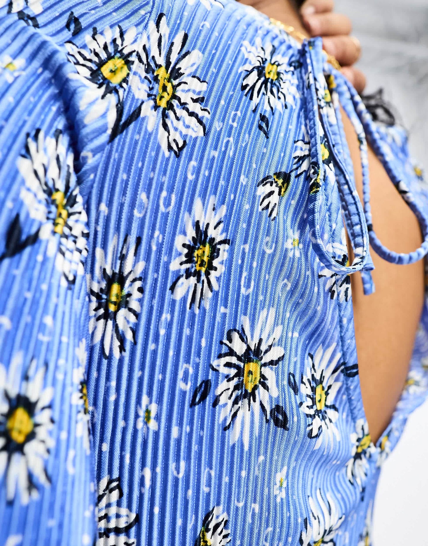 ASOS DESIGN mini plisse dress with flared sleeve in blue ditsy