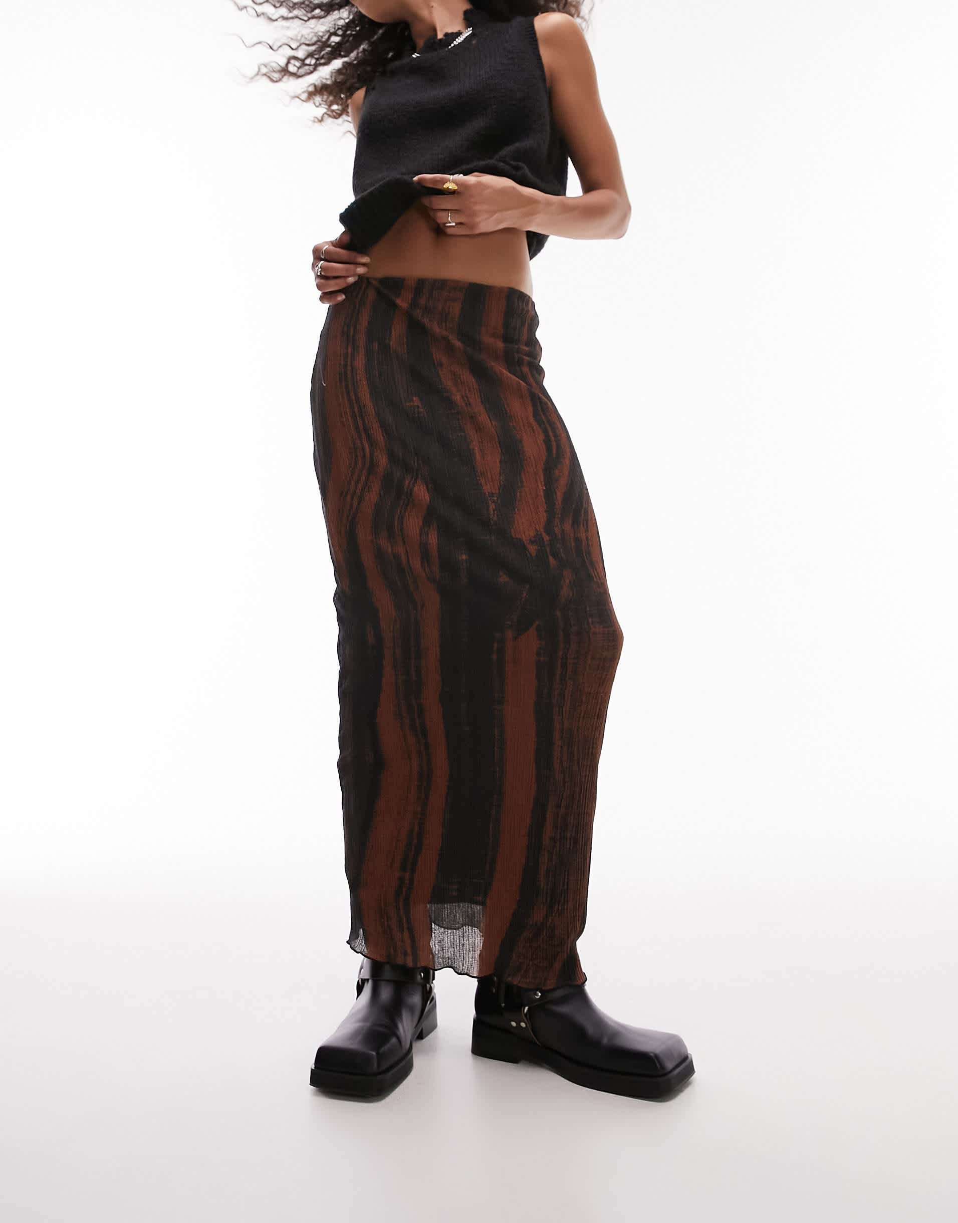 Topshop textured plisse curved line print midi skirt in rust