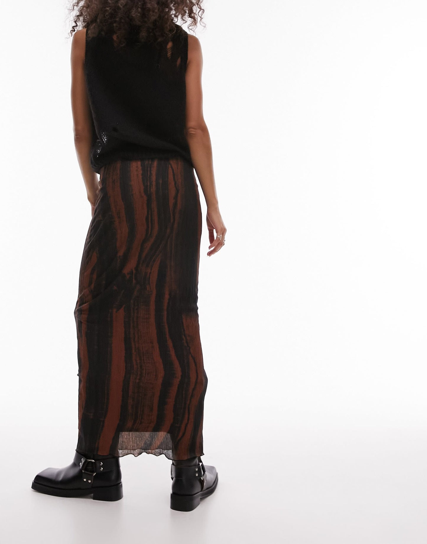 Topshop textured plisse curved line print midi skirt in rust