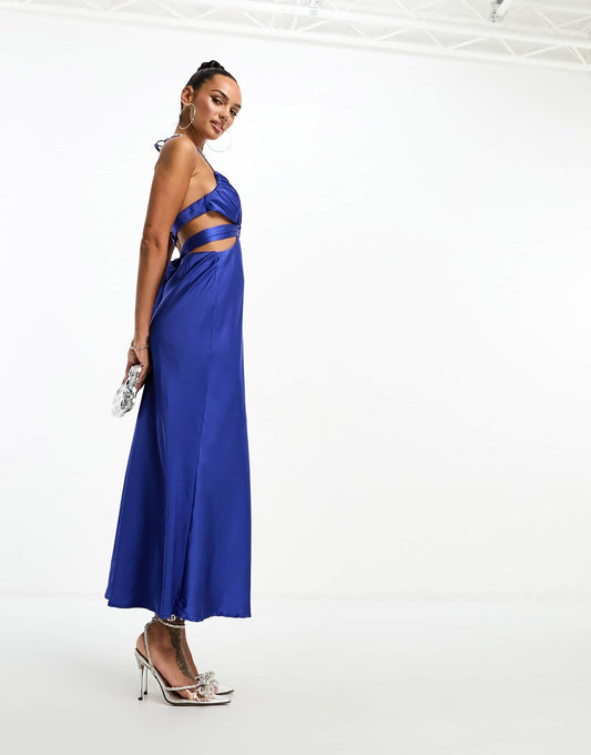 Parallel Lines satin halter neck maxi dress in blue