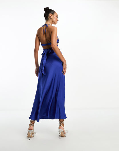 Parallel Lines satin halter neck maxi dress in blue