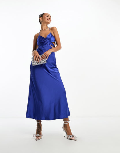 Parallel Lines satin halter neck maxi dress in blue