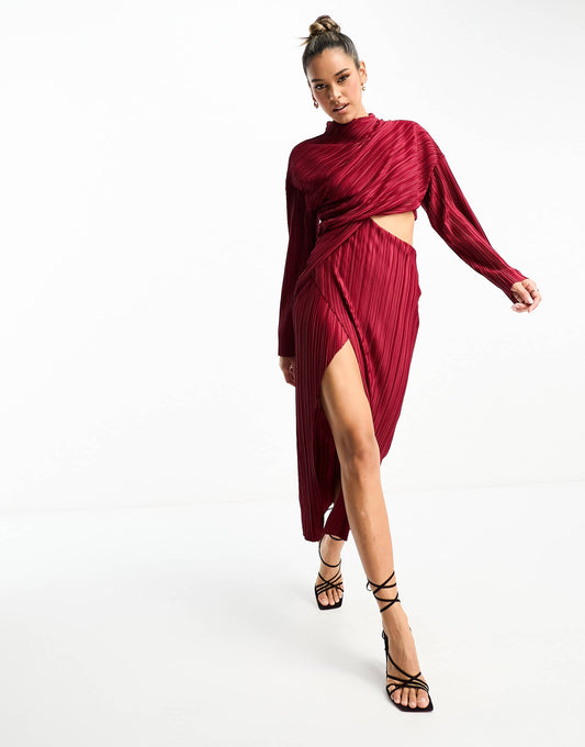 ASOS DESIGN plisse cut out dress with wide sleeve and side twist maxi dress in wine