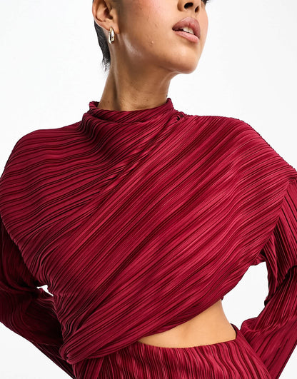 ASOS DESIGN plisse cut out dress with wide sleeve and side twist maxi dress in wine