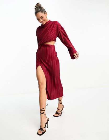 ASOS DESIGN plisse cut out dress with wide sleeve and side twist maxi dress in wine