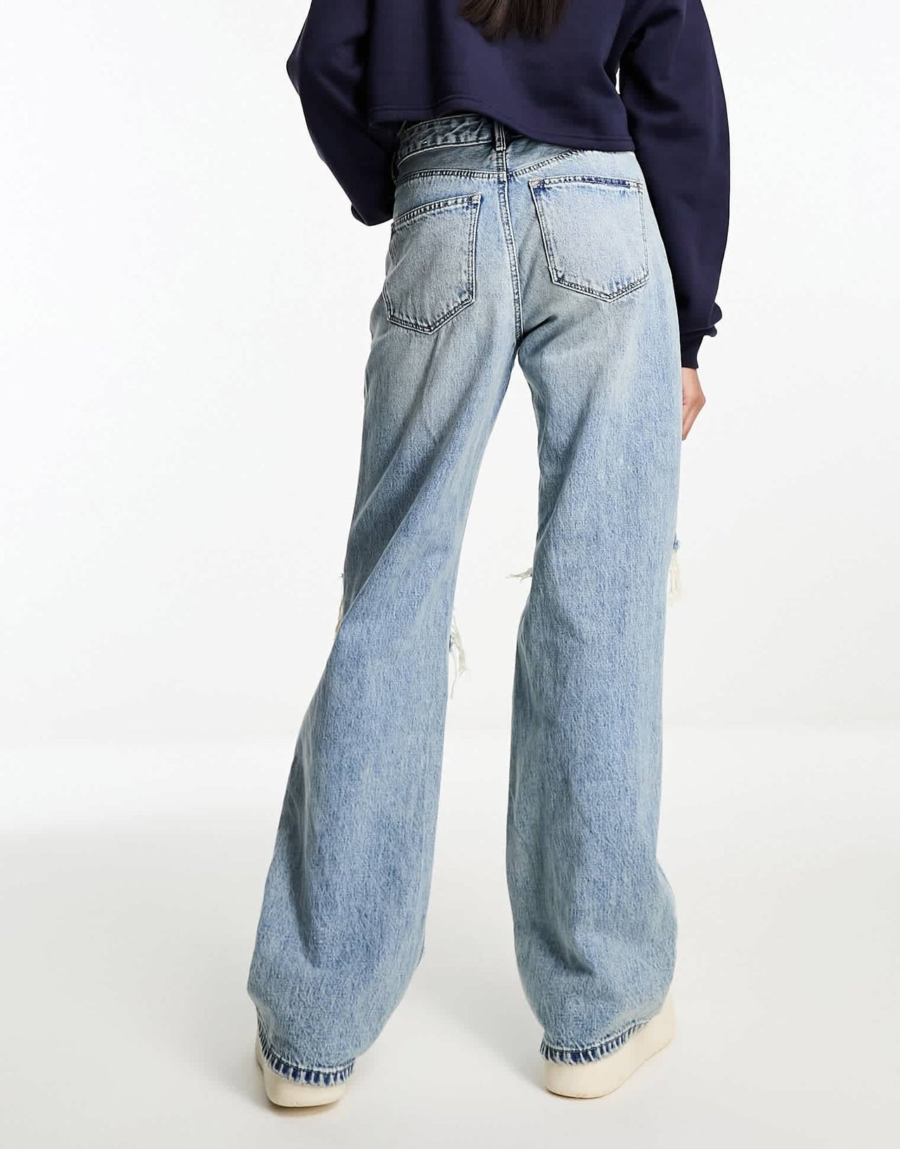 Stradivarius wide leg dad jean with rips in medium blue