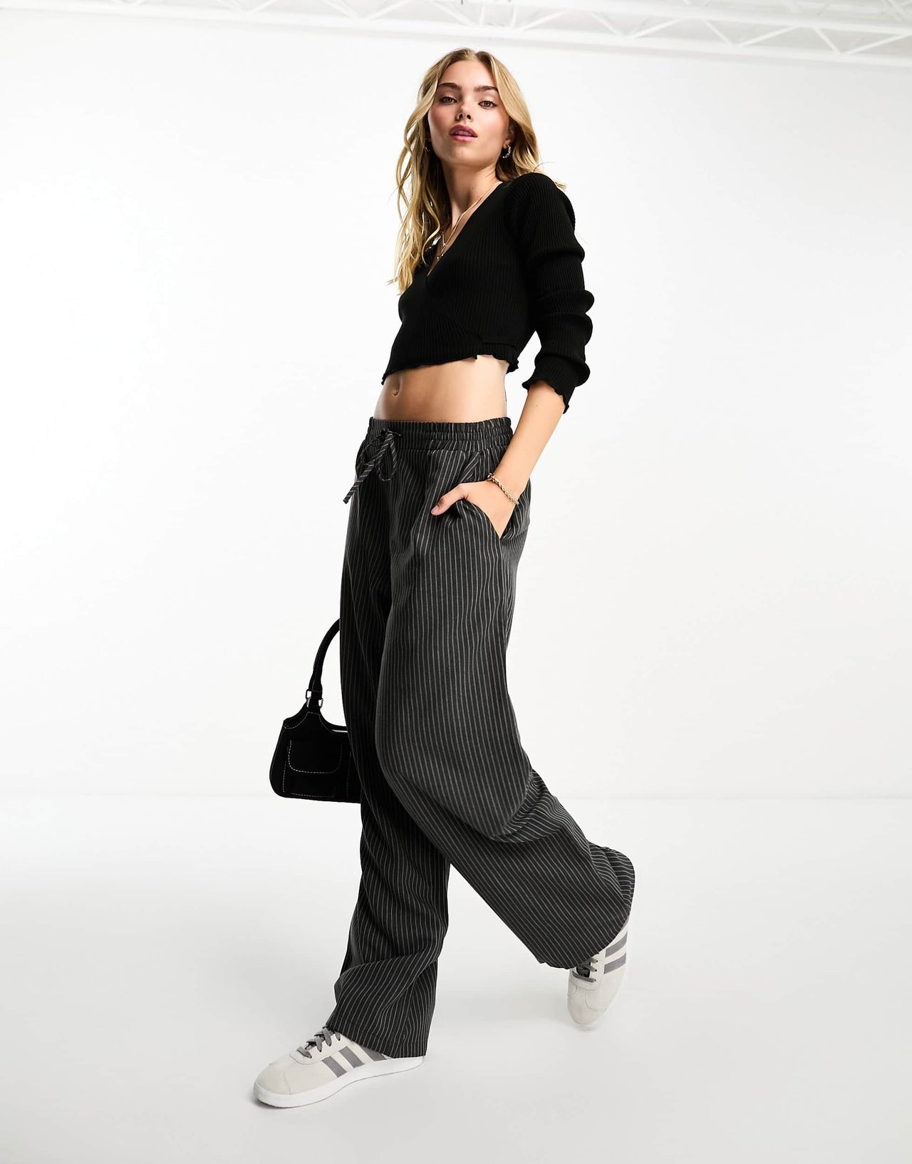 Stradivarius knitted ballerina wrap top in black