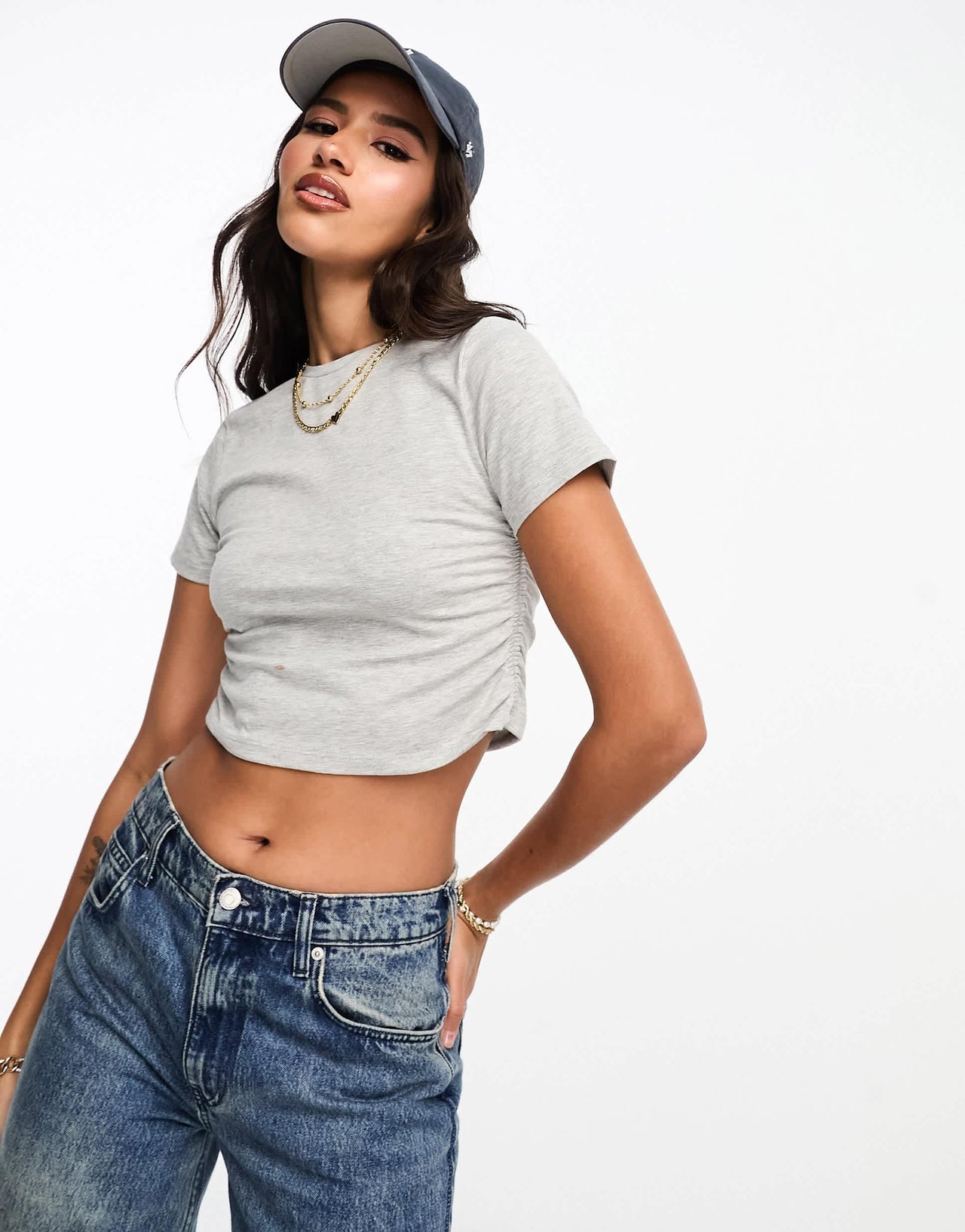 Stradivarius tee with ruched side in grey marl