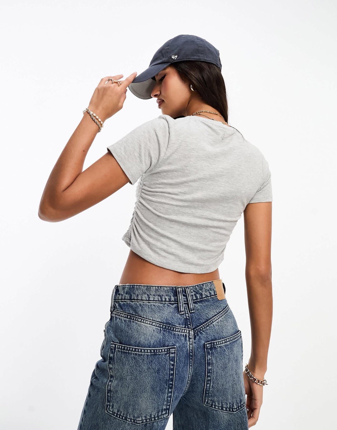 Stradivarius tee with ruched side in grey marl