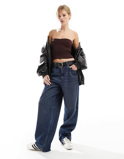 Miss Selfridge compact knit rib bandeau top in chocolate