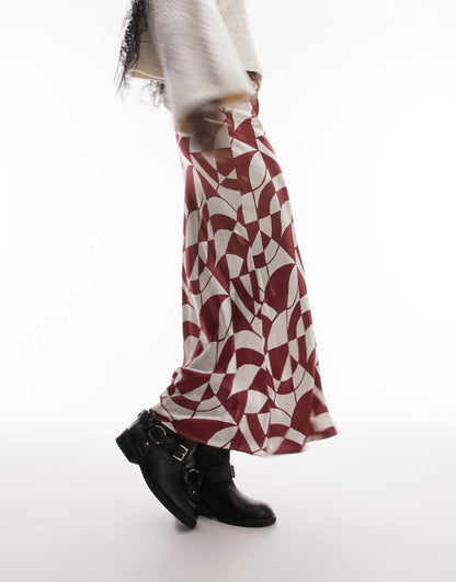 Topshop Tall satin bias maxi skirt in red geo print