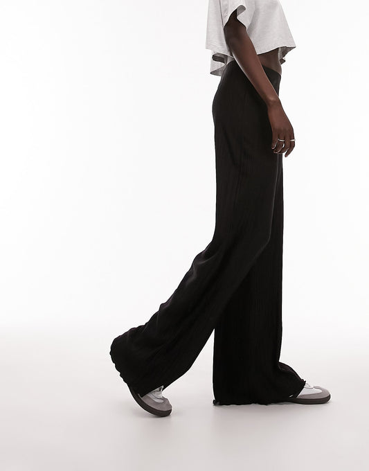 Topshop Tall plisse wide leg tousers in black