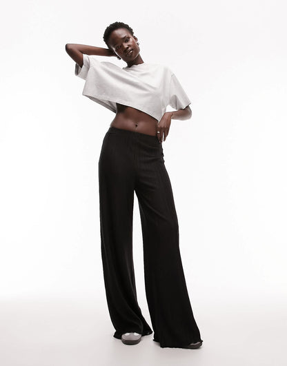 Topshop Tall plisse wide leg tousers in black