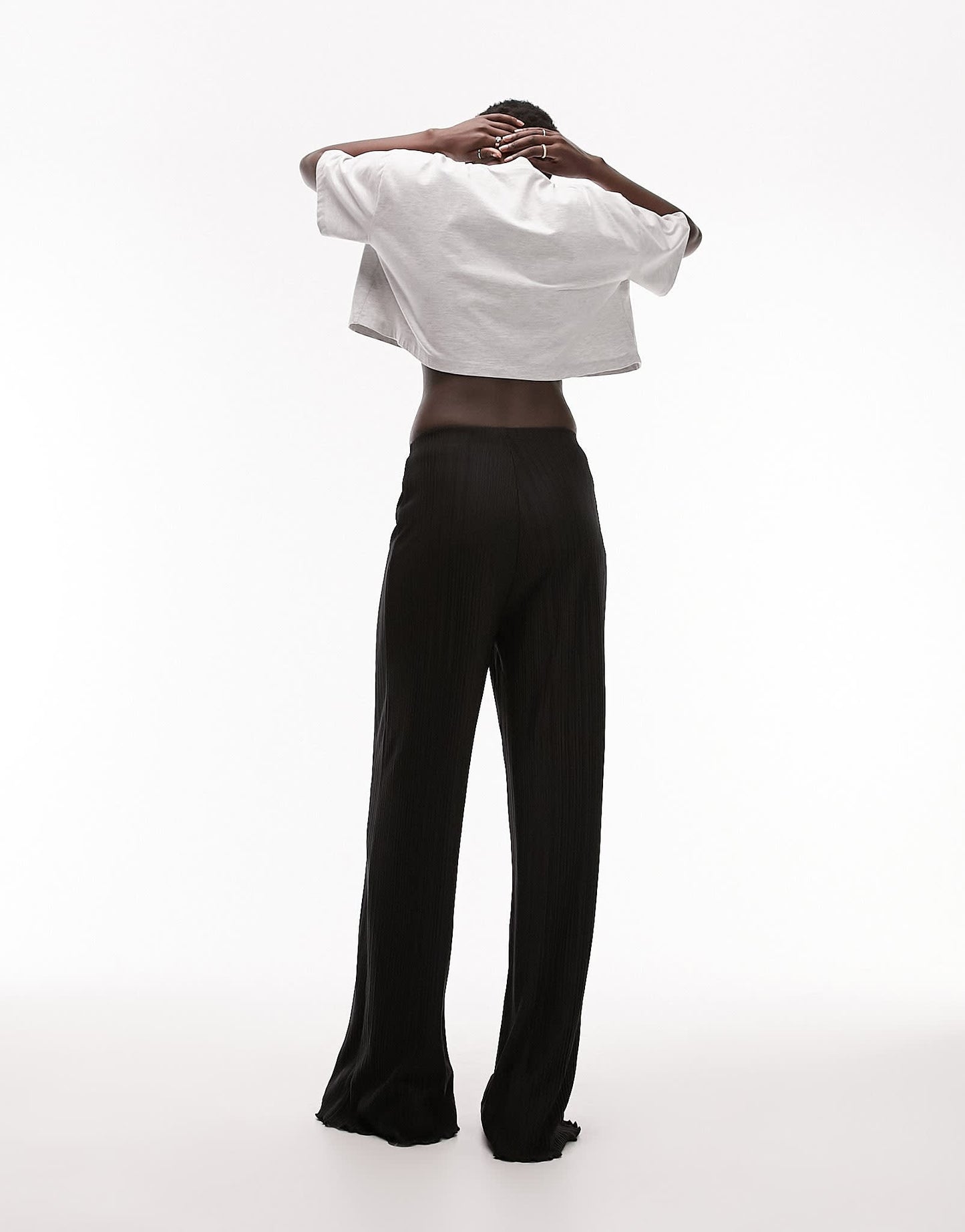 Topshop Tall plisse wide leg tousers in black