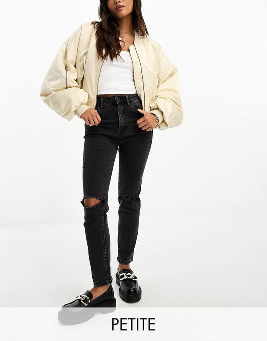 Stradivarius Petite slim mom jean with stretch and rip in washed black
