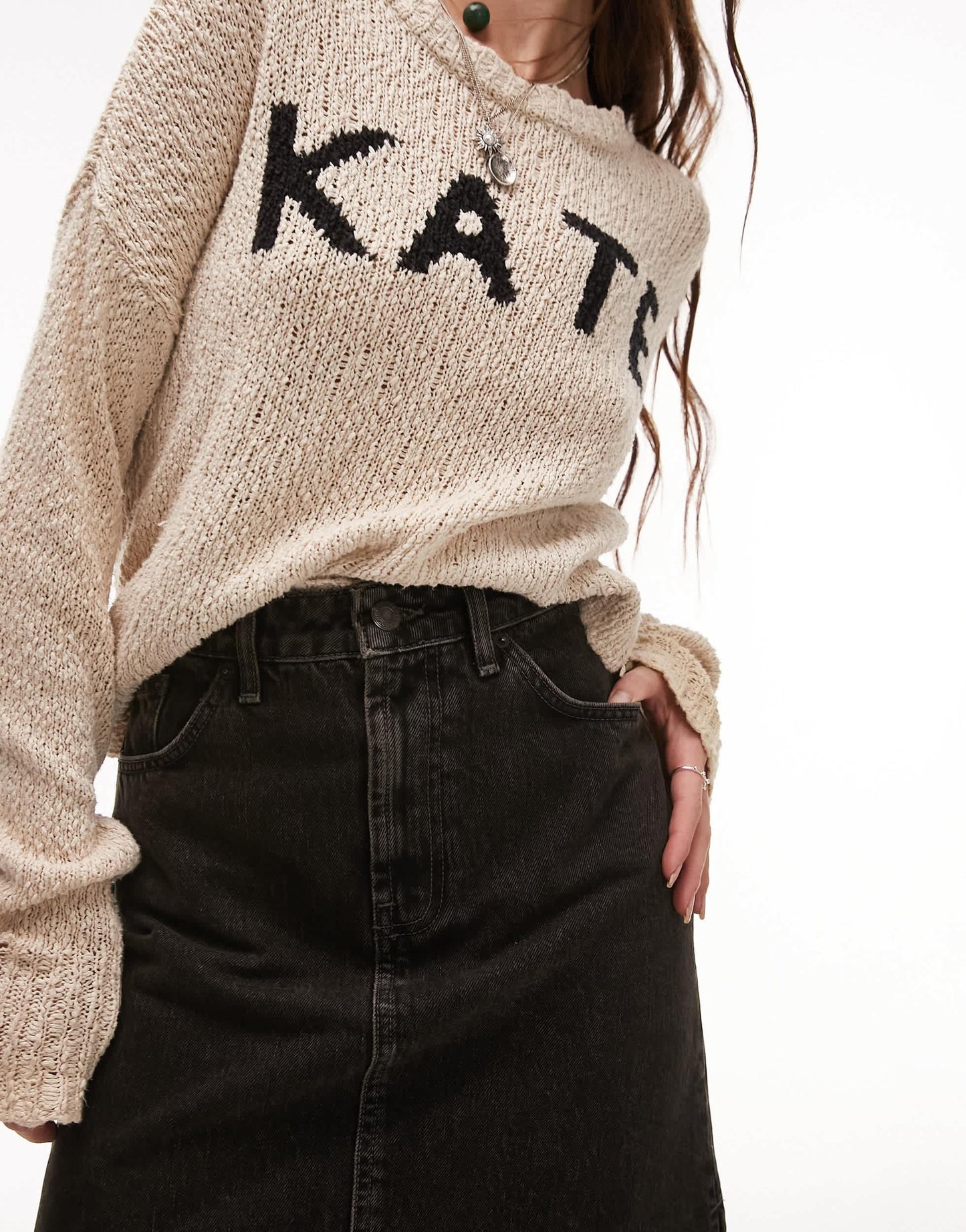 Topshop denim maxi skirt with side split in dirty wash black
