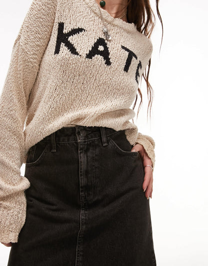 Topshop denim maxi skirt with side split in dirty wash black